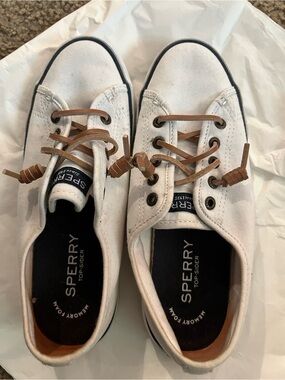 Sperry White Canvas Boat Shoes with Tan Leather Laces